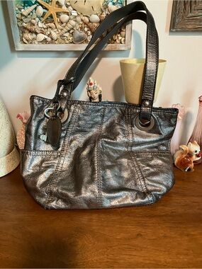 Fossil Silver Metallic Leather Hathaway Double Handle Purse